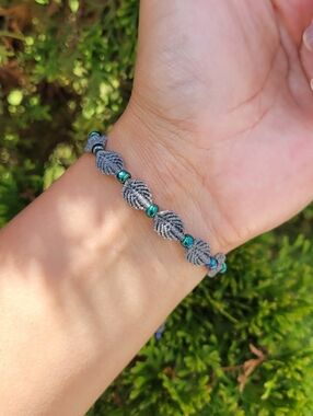 Handmade Grey Macrame Bead Bracelet with Green Accents